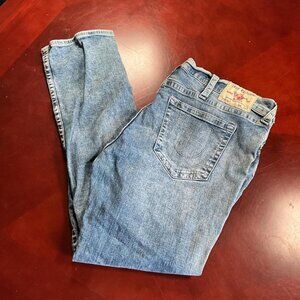 Mens True Religion Ricky Distressed Light Wash Straight Leg Skater Jeans (34x32)